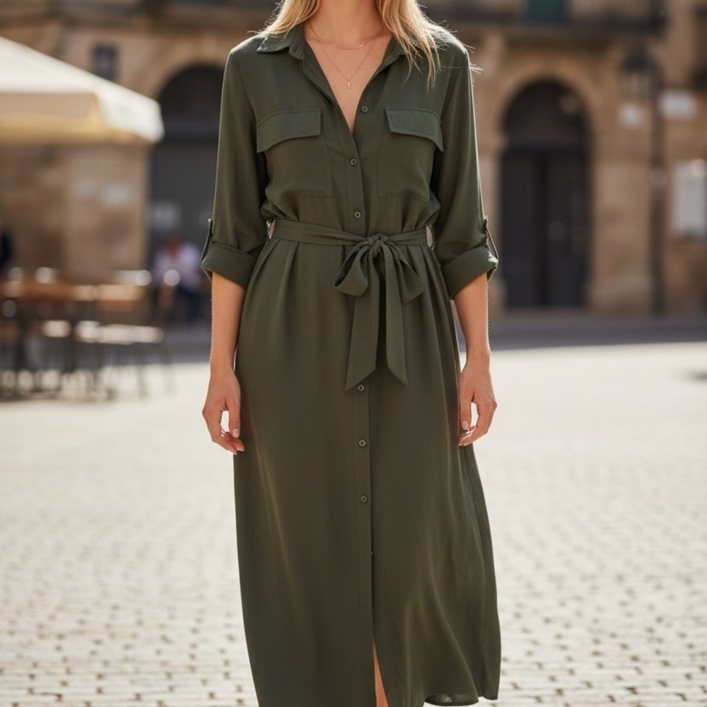 Max Studio Olive Green Button-Front Maxi Shirt Dress